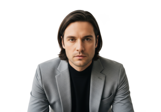 Professional portrait of handsome man with long hair in gray suit and black turtleneck, headshot, png image isolated on transparent background - Powered by Adobe