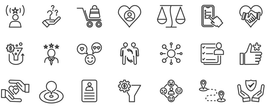 Customer journey line icon set vector illustration concept with icon of awareness, consideration, purchase, retention, advocacy and customer journey universe icon set