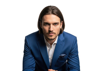 Professional man in blue suit portrait with serious expression, long hair, business attire stock photo isolated on transparent background