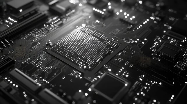 Microchip on circuit board processing data - Powered by Adobe