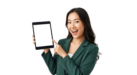 Enthusiastic asian woman displays tablet showcasing digital innovation for mobile app promotion presenting modern technology and user interface design on portable device in green blazer, smiling