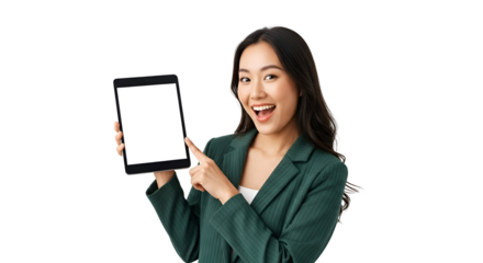 Enthusiastic asian woman displays tablet showcasing digital innovation for mobile app promotion presenting modern technology and user interface design on portable device in green blazer, smiling