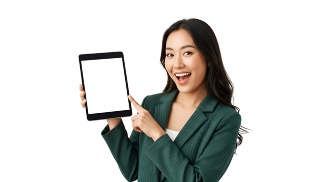 Enthusiastic asian woman displays tablet showcasing digital innovation for mobile app promotion presenting modern technology and user interface design on portable device in green blazer, smiling