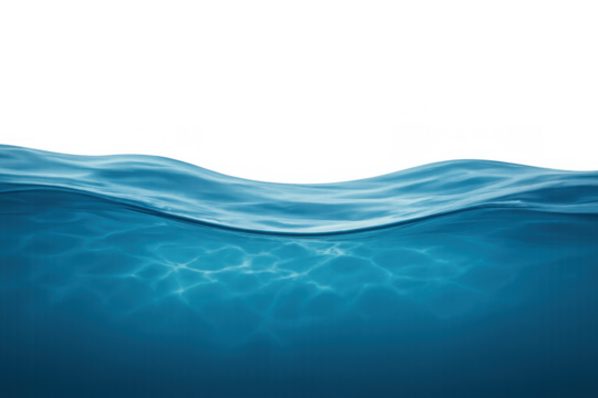 Underwater view with wave breaking surface on transparent background, reflecting blue water and shining light