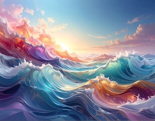 A vibrant seascape showcases colorful waves, reflecting light from a brilliant sun and a partly clouded sky. Mountains are visible in the distance