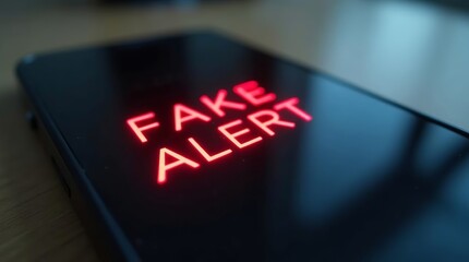 A close-up of a smartphone screen displaying 'FAKE ALERT' in bold red letters, warning users about potential misinformation.