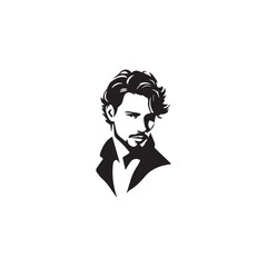 Black and White Handsome Man Illustration in Clean Vector Line Art Style on Minimal Background
