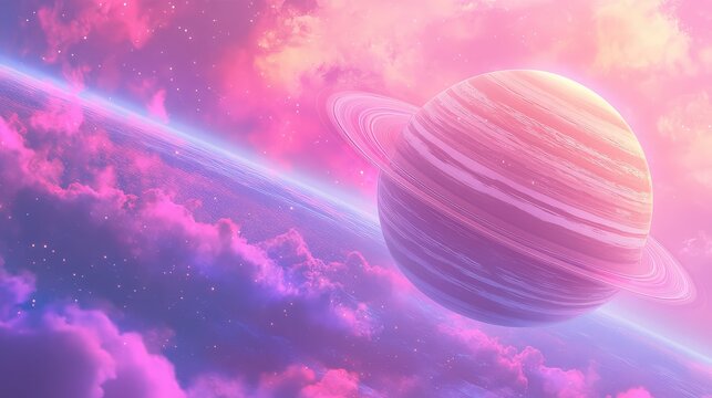Pastel planet with vibrant rings orbiting nebulous galaxy