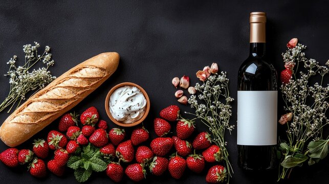 A still life arrangement featuring fresh strawberries, a crusty baguette, a bowl of cream cheese dip, and a bottle of red wine.