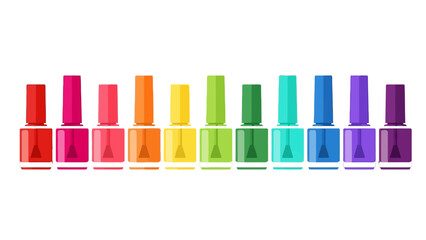 A row of twelve nail polish bottles displaying a full rainbow color gradient on a plain white background