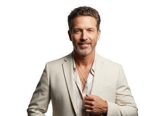 Handsome mature man in cream suit portrait, smiling male model posing for camera, fashionable man isolated on transparent background