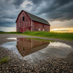 Barn Reflections Weathered red paint duplicates in puddles besid