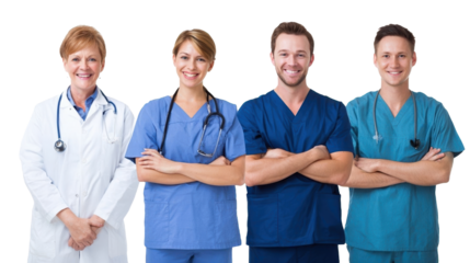 Healthcare professionals in medical attire smiling.