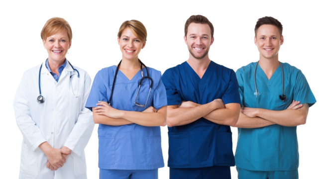 Healthcare professionals in medical attire smiling.