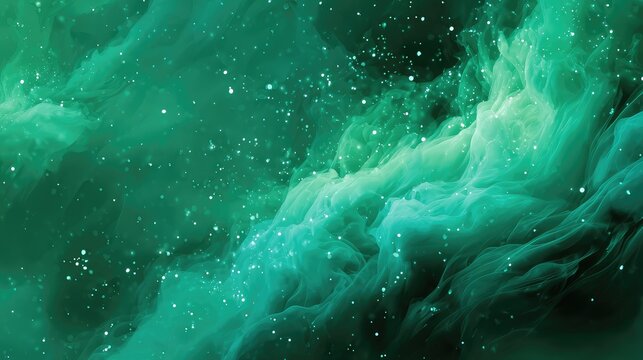 Green cosmic nebula cloud with glowing particles in deep space