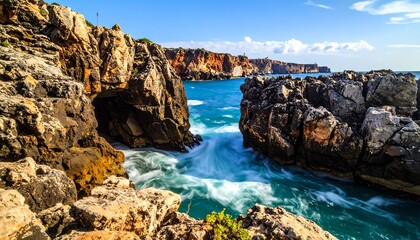 Obraz premium Coastal scene with rocky cliffs, turquoise water, and clear skies