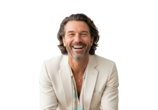 Smiling handsome man in suit with long hair portrait cutout png image for graphic design and editing isolated on transparent background