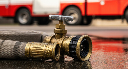 Emergency fire hose and valve ready for action, glistening with fresh water and a fire truck visible, a symbol of safety, readiness and preparedness