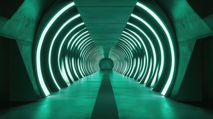 Modern futuristic tunnel illuminated by glowing green lights