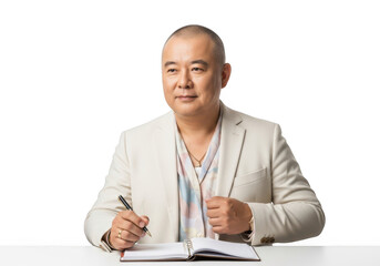 Professional asian businessman writing in notebook, bald man in suit, business meeting, isolated portrait, isolated on transparent background