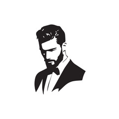 Black and White Handsome Man Illustration in Clean Vector Line Art Style on Minimal Background