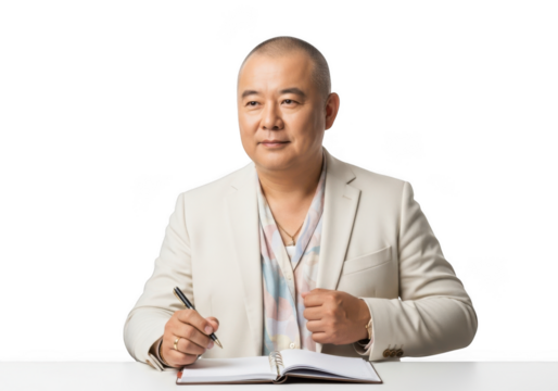 Professional asian businessman writing in notebook, bald man in suit, business meeting, isolated portrait, isolated on transparent background - Powered by Adobe