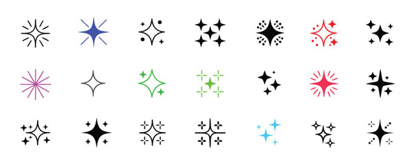 Magic light twinkle star illustrations in sketch doodle style, featuring glitter bursts, spark outlines, glowing sparkles, and celestial shine icons — ideal for posters, branding, and whimsical graphi