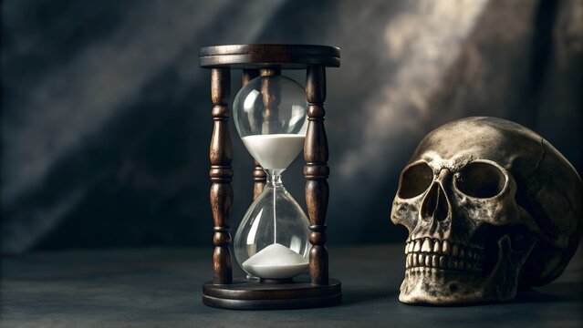 Antique Hourglass and Human Skull Symbolizing Mortality and Passage of Time in Dark Moody Lighting