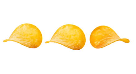 Three crispy potato chips isolated on transparent background, a popular snack food enjoyed by many people