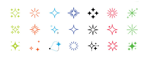 Twinkle star vector set with bright glitter spark icons, hand-drawn doodle outlines, shining sparkles, and magical light effects — perfect for stickers, invitations, holiday cards, and decorative desi