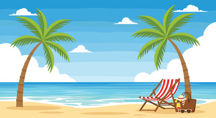 Obraz premium A picturesque tropical beach invites relaxation with two lush palm trees, a comfortable striped beach chair, and a summer essentials bag, set against a calm blue ocean and clear sky.