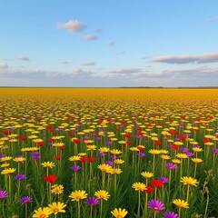 Capture a vibrant panorama of wildflowers blooming in an untouch