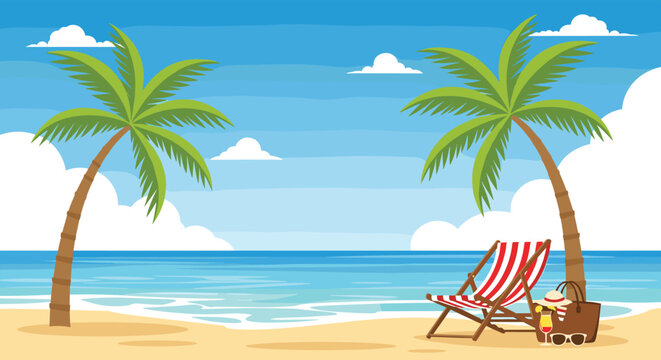 A picturesque tropical beach invites relaxation with two lush palm trees, a comfortable striped beach chair, and a summer essentials bag, set against a calm blue ocean and clear sky.