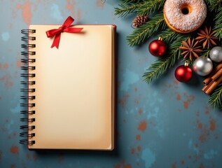 Blank christmas notebook with festive decorations and donut on rustic background