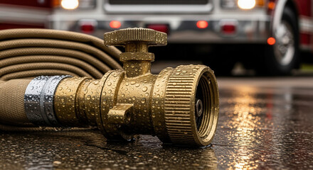 Golden fire hose coupling glistens in the rain, ready for action and emergency response, conveying safety, security, and preparedness for any crisis