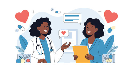 A compassionate Black female doctor provides medical advice and support to her patient during a consultation, fostering a positive healthcare experience focused on wellness.