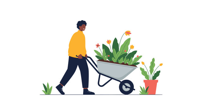 A smiling man actively pushes a wheelbarrow overflowing with vibrant potted plants and colorful flowers, preparing to cultivate a beautiful garden space.