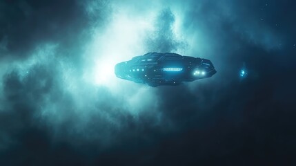 Futuristic spaceship cruising through a luminous deep space nebula