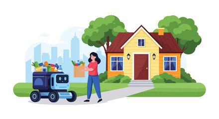 A cheerful woman accepts a bag of fresh groceries delivered right to her doorstep by an advanced autonomous robot, symbolizing the future of smart home delivery services.