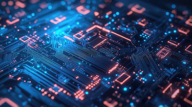 Circuit board glowing with intricate data processing pathways