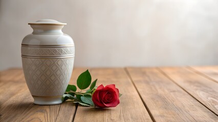 Elegant White Cremation Urn With Gold Trim And A Single Red Rose On Wooden Surface