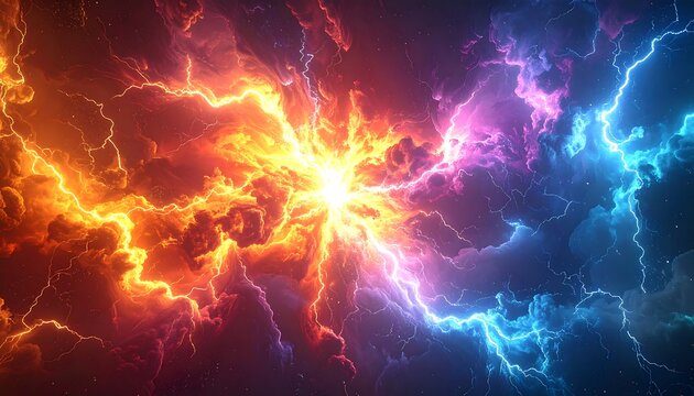 A vibrant cosmic display featuring opposing forces of radiant energy. A central explosion emanates beams of fiery red and electric blue, creating a dramatic visual