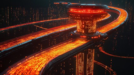 Futuristic city network moving data stream at night