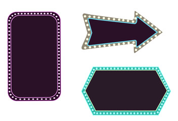 Realistic neon marquee sign shapes set isolated on transparent background, glowing light board in retro vintage style for circus, casino, karaoke bar, open mic. Red, purple, and aqua neon frames with 
