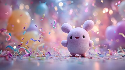 Cute pastel character surrounded by colorful confetti and balloons