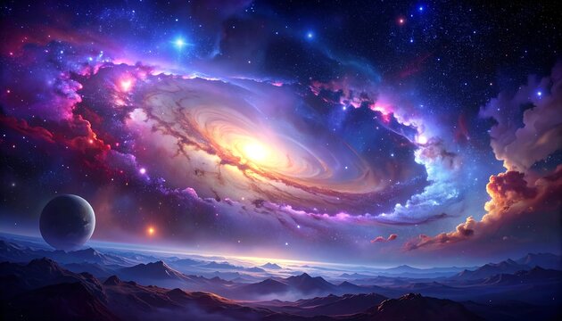 A vibrant cosmic scene with a glowing spiral galaxy at its heart, surrounded by nebula clouds and distant planets. Purple, blue and golden hues - Powered by Adobe