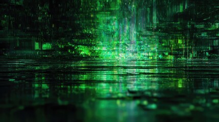 Green digital data stream reflecting on abstract surface
