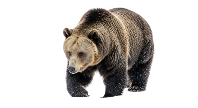 A brown grizzly bear walking in the snow isolated on transparent background, looking for food and moving slowly in the winter season