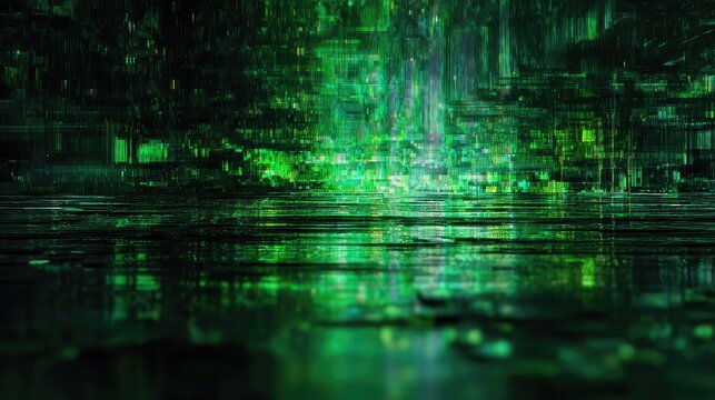 Green digital data stream reflecting on abstract surface - Powered by Adobe