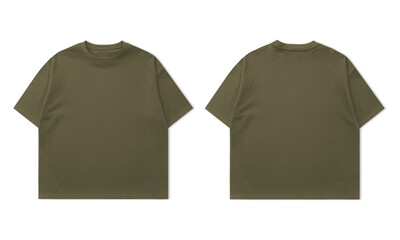 Naklejka premium Olive green t-shirt mockup showcasing front and back design for apparel brand marketing and product presentation on white background